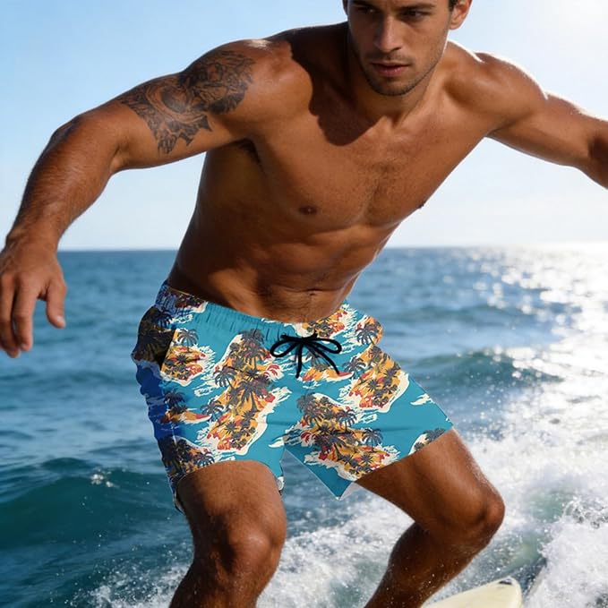 Mens Swim Trunks with Compression Liner Quick Dry Zipper Pocket Bathing