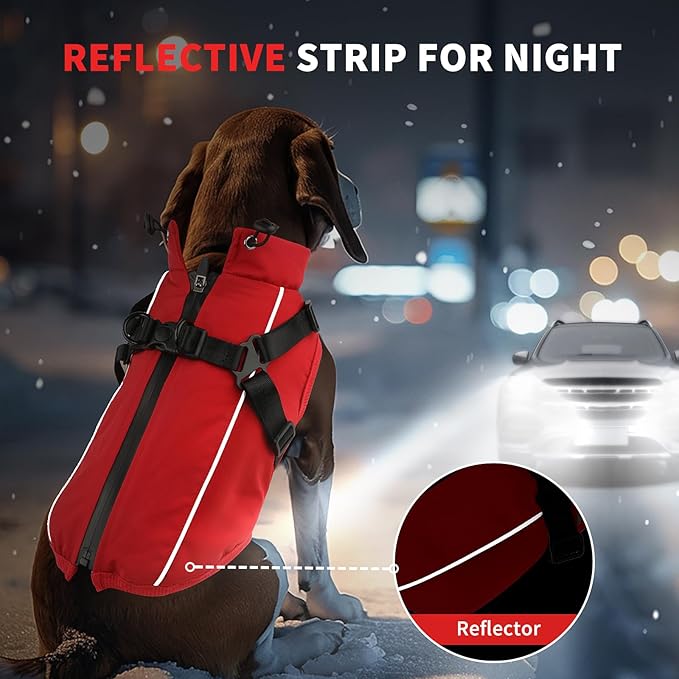 Dog Winter Coat Reflective Water-Resistant Jacket, Fleece Lined Windproof Puppy Coat with Back Zipper & D-Ring, Cold Weather Dog Coats for Small Medium Dogs (XL, Red)