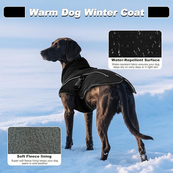 DENTRUN Winter Warm Dog Coat Reflective Jacket with Turtleneck for Cold Weather, Adjustable Buckle Windproof Water Repellent, Thick Snowsuit Fleece Vest for Small, Medium, Large Dogs, Black, XL