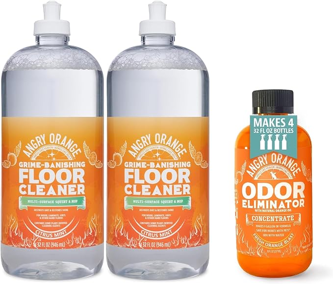 ANGRY ORANGE Pet Cleaning Duo – Citrus Mint Floor Cleaner 2 Pack + 8 oz Odor Eliminator Concentrate (Makes 128 oz) for Carpet, Tile, Furniture, and Grass