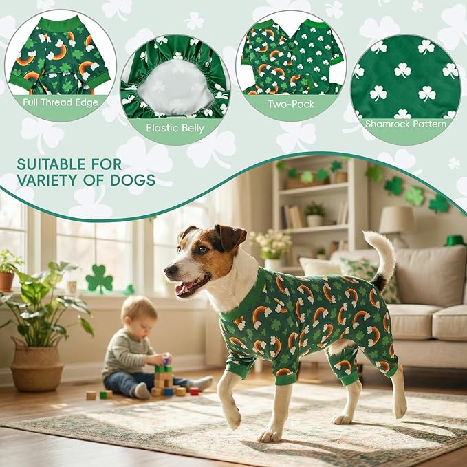 Vehomy 2-Pack St.Patrick's Day Dog Pajamas Clover Rainbow Pet Jumpsuits Puppy Pjs Lucky Shamrock Dog Onesie St Patricks Dog Jammies Costume Outfit Clothes for Small Medium Large Dogs L