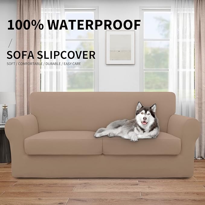 Easy-Going 100% Dual Waterproof 3 Pieces Oversized Loveseat Cover Stretch Soft Couch Cover for Dogs, Sofa Slipcover for 2 Separate Cushion Couch Leakproof Furniture Protector for Kids, Pets Camel