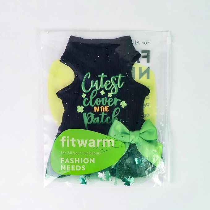 Fitwarm Cutest Clover in The Patch Dog Dress, St Patricks Day Dog Clothes for Small Dogs Girl, Funny Pet Cat Holiday Outfit, Black, Emerald Green, Small