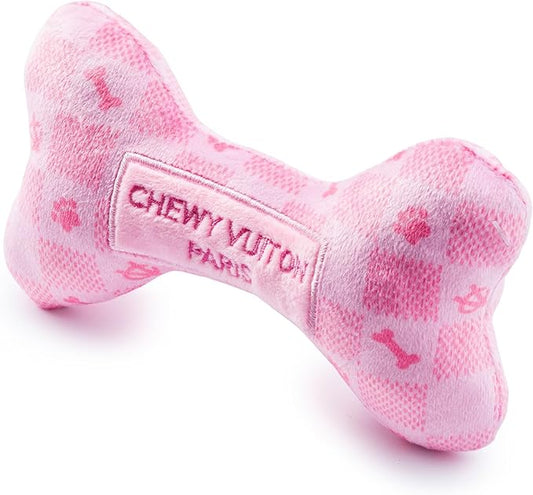 Haute Diggity Dog Pink Checker Chewy Vuiton Bone, Plush Designer Dog Toys with Interactive Squeaker, Stimulating Pet Enrichment, Machine-Washable & Safe Materials for All Breeds, Size Large