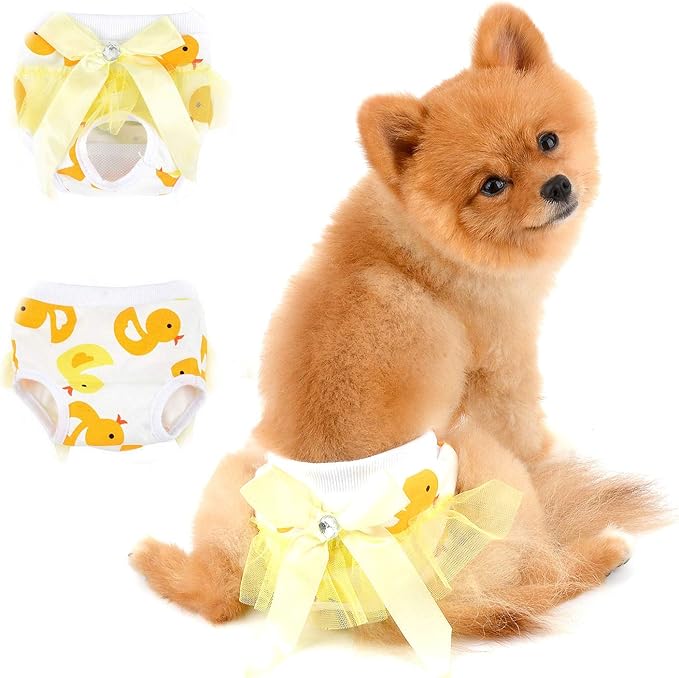 SELMAI Adorable Dog Physiological Shorts Diaper for Dogs Female in Heat Reusable Washable Doggy Kitten Underwear Pants for Small Medium Puppy Cat Girl Doggie Menstrual Nappies All Seasons Yellow L