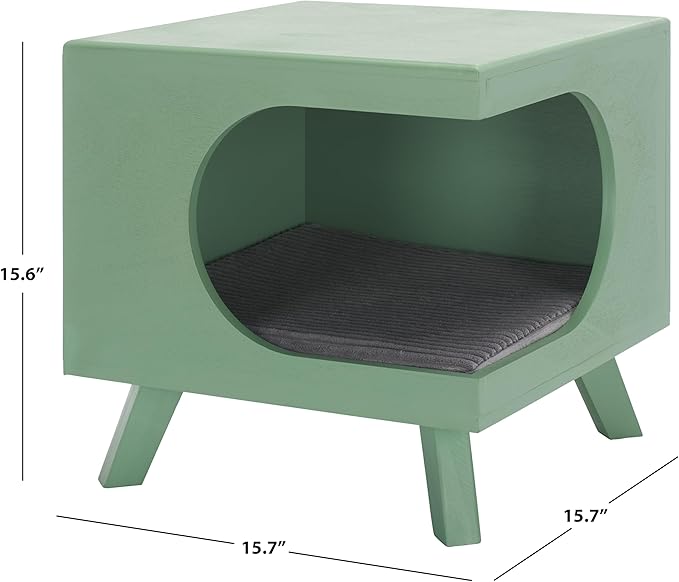 SAFAVIEH Home Collection Bean Mid-Century Sage Green Square Covered Cave Small Pet Cat Bed (Fully Assembled)