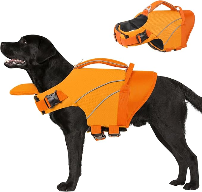 Queenmore Dog Life Jacket Large, Pet Pool Float with Chin Float, Large Dog Life Vest for Swimming, Adjustable Ripstop Pet Life Vest for Water at Pool, Beach, Boating (Orange,XL)