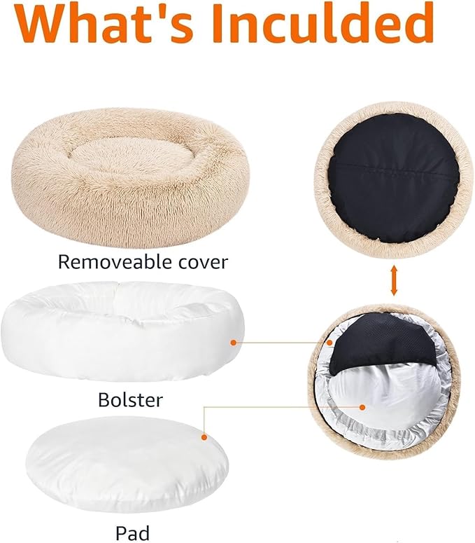 Amazon Basics Washable Donut Pet Bolster Faux Fur Bed with Removable Cover, Anti-Slip Bottom for Dog, Beige, 23" x 23"