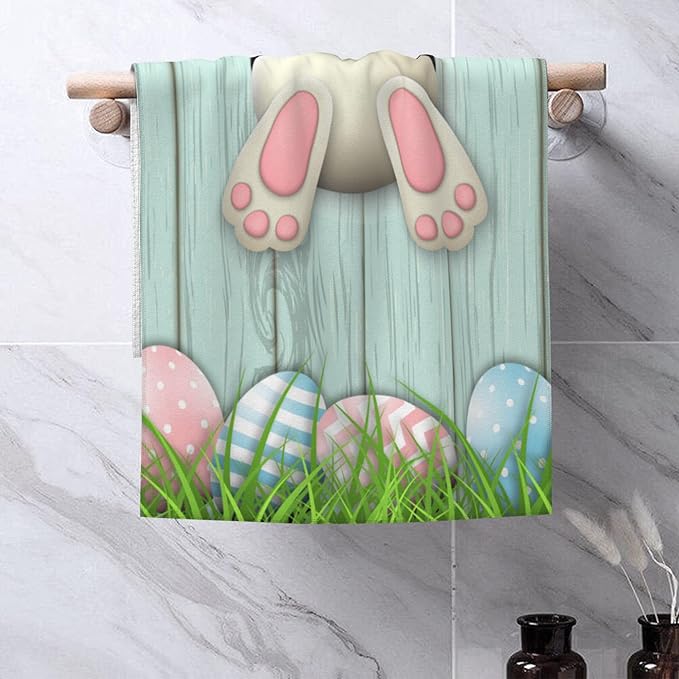 Easter Eggs Hand Towel,White Bunny Bottom Hand Bath Towels Set of 2 Dish Towels Soft Absorbent Decorative Hand Towels for Bathroom Kitchen Yoga Home Decor 14 x 28 in