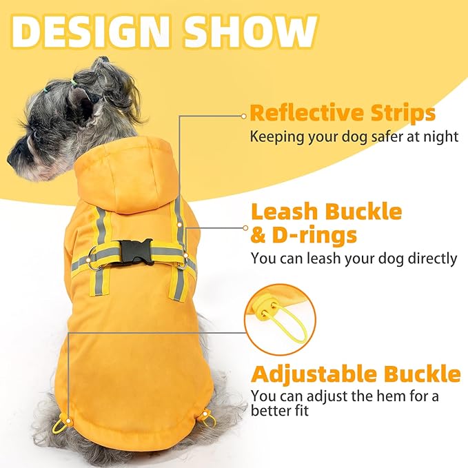 PUPTECK Dog Raincoat with Hood & Harness Built-in, Waterproof Dog Rain Jacket Slicker Poncho Reflective Vest Clothes for Rainy Snowy Winter Cold Days, Yellow XS