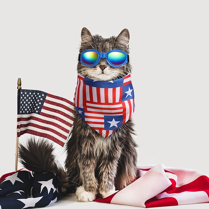 6 Ps 4th of July Dog Bandanas and Goggles Set, American Flag Pet Triangle Scarf Bibs Dog Eye Wear Sunglasses Independence Day Patriotic Pet Costume Accessories