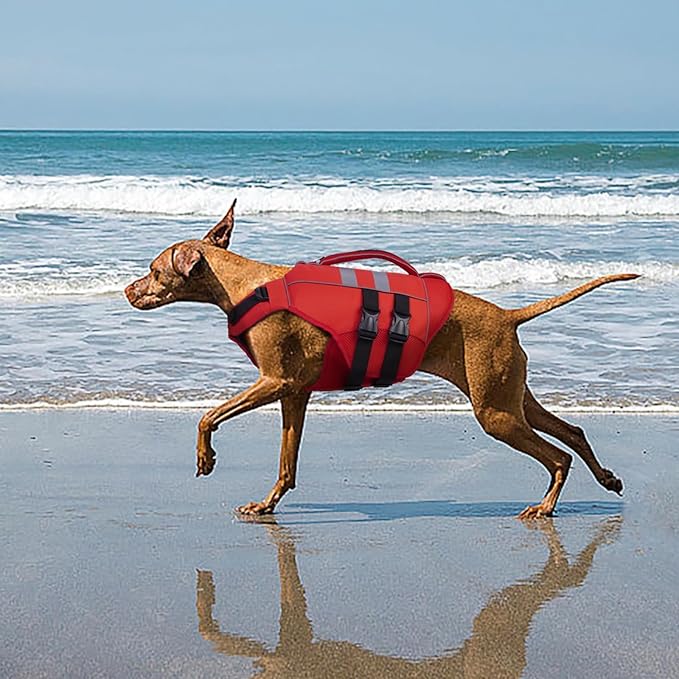 Kuoser Medium Dog Life Jacket, High Flotation Dog Life Vest for Swimming Boating, Reflective Dog Swimming Vest for Medium Dogs Pet Life Preserver with Rescue Handle, Red M