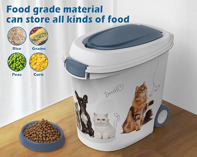 DRATO Pet Food Storage Container with Wheels Resin 30LB Capacity Dog Food Container with Slow Feeder Bowl and Scoop Easy to Move to Keep Food Fresh for Dogs, Cats, Birds