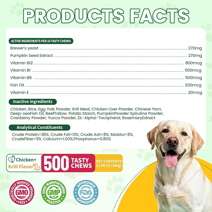 Flea and Tick Prevention for Dogs Chews – 500 Tasty Chicken Flavor Soft Chews, with Pumpkin Seed Extract, Fish Oil, and Vitamins for Dogs, Puppies, All Breeds & Ages.