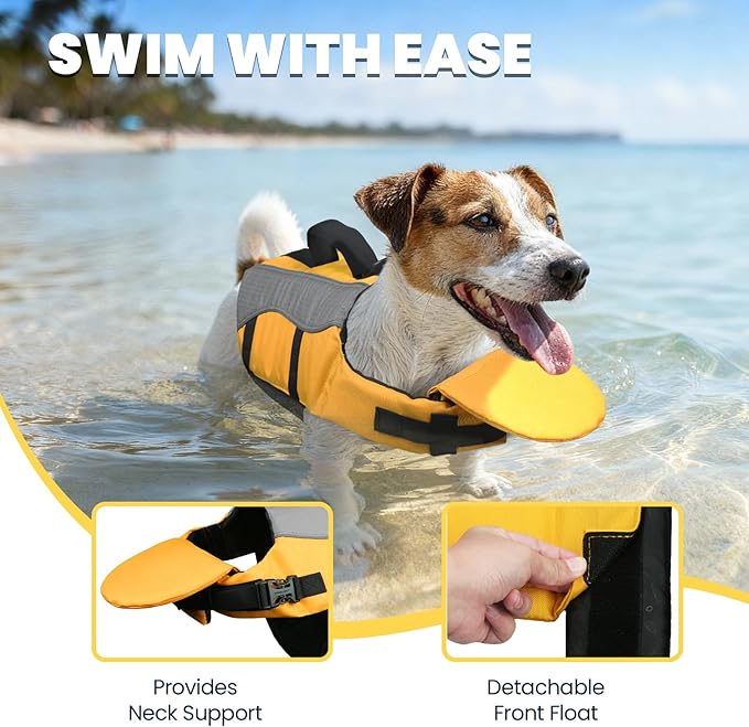 VIVAGLORY Front Float Dog Life Vest, Dog Life Jacket for Swimming & Boating, Swimming Vest with Chin Float & Handle, Ripstop & Buoyancy for Puppy Doggy, M, Yellow