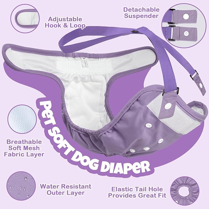 Pet Soft Dog Diapers Female with Suspenders, 3 Pack Reusable Female Dog Diapers for Heat, Dog Period Panties for Doggie in Cycle(Large, Pinkycolor)