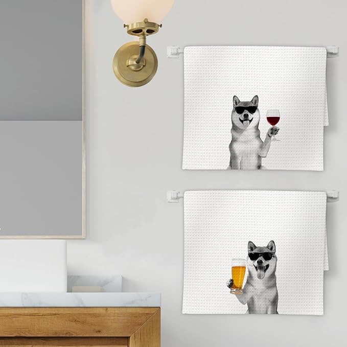 Shiba Inu Gifts Dog Wine Kitchen Towels Set of 2, Funny Dogs Beer Lover Decorative Hand Dish Towel for Kitchen Home Bar, Gift for Shiba Inu Dog Beer Wine Lovers Home Bar Decor(16x24Inch)