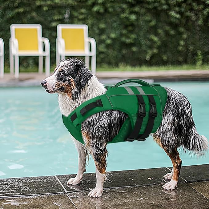 Kuoser Small Dog Life Jacket, High Flotation Dog Life Vest for Swimming Boating, Reflective Dog Swimming Vest Pet Life Preserver with Rescue Handle, Green S
