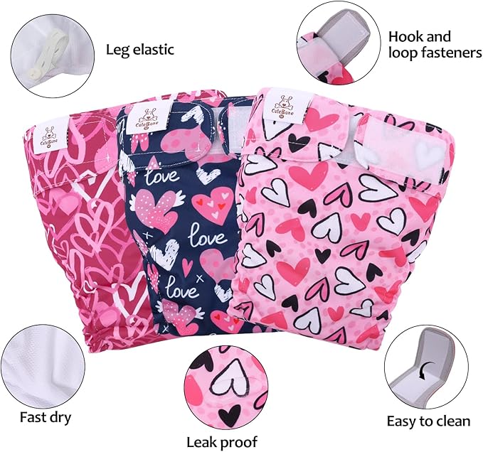 CuteBone Washable Dog Diapers Female No Tail Hole 3 Pack Reusable Doggie Period Training Pants Valentines for Docked-Tail Frenchie French Bulldog Boston Terrier Without Tail WWD20L