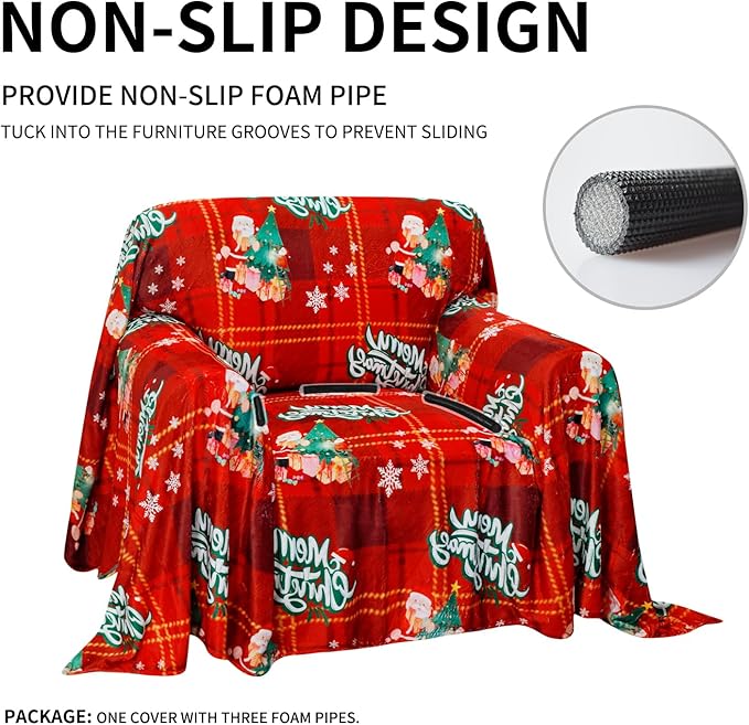 Easy-Going 80X102 inches Merry Christmas Chair Sofa Cover, Jacquard Velvet Couch Slipcover for 1 Cushion Couch, L Shape Sectional Covers for Dogs, Washable Sofa Blanket, Furniture Protector