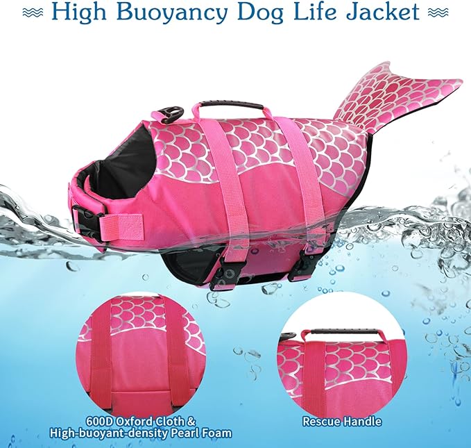 Dogcheer Dog Life Jacket, Cute Mermaid Dog Life Vest for Swimming Boating with Superior Buoyancy and Rescue Handle, Adjustable Puppy Swim Vest Pet Floating Vest for Small Medium Large Dogs - Pink, L