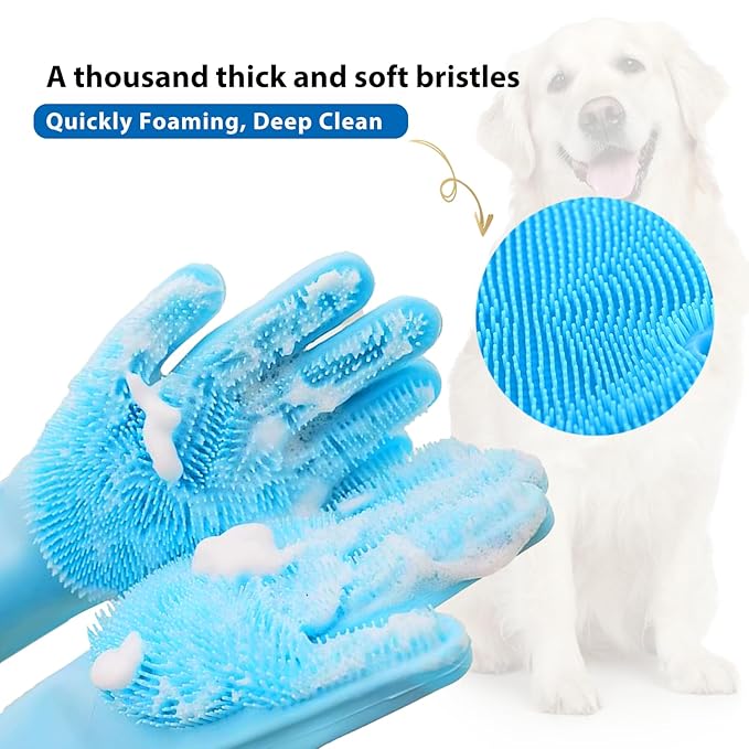 Dog Bath Gloves for Washing, Pet Grooming Gloves with Shampoo Brush, Dog Bath Brush for Dogs and Cats, Essential Dog Bath Supplies (1 Pair, Blue)