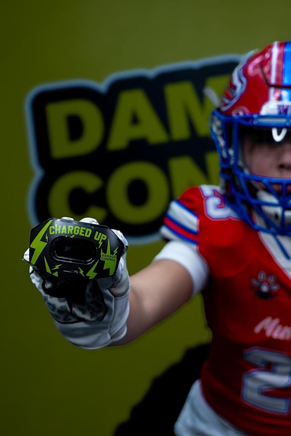 DAMAGE CONTROL Youth Football Mouth Guard – Breathable No Boil Mouthpiece, Protects Lips & Teeth, Works with Braces, Includes Helmet Strap – Sports Gear & Accessories (Charged Up)