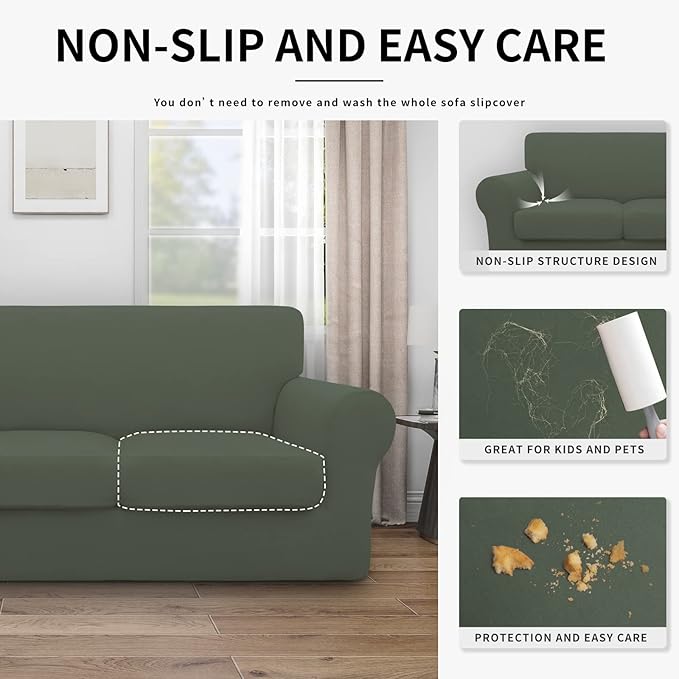 Easy-Going 100% Dual Waterproof 4 Pieces Stretch Soft Couch Cover for Dogs, Sofa Slipcover for 3 Separate Cushion Couch Leakproof Furniture Protector for Kids, Pets Grayish Green