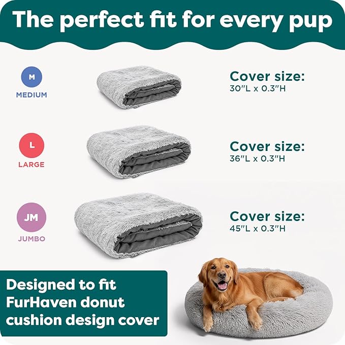 FurHaven Replacement Dog Bed Cover, Long Faux Fur for Calming Cuddlers, Machine Washable, Customizable Filling, Jumbo XL, Faux Fur, Misty Gray