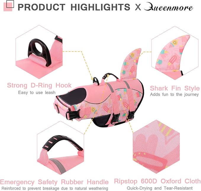 Queenmore Dog Life Jacket High Flotation, Reflective, Adjustable Dog Life Preserver Rescue Handle, Spring Summer Pool for Small, Medium, Large Dogs (Pink Ice Cream, L)