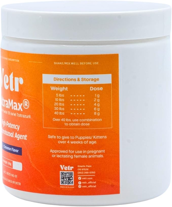 Vetr's Toltramax Toltrazuril Powder for Horses, Dogs, Cats, 100g (5.0%, Cinnamon)