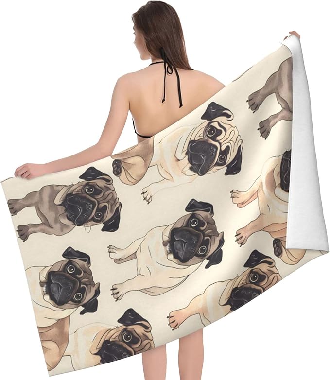 Pug Beach Towel Cute Dog Sand-Free Microfiber Bath Towel Ultra Soft Quick Dry Pool Towel Absorbent Towel Lightweight Towel Gifts for Outdoor Bathroom Swimming Decor 31inx51in