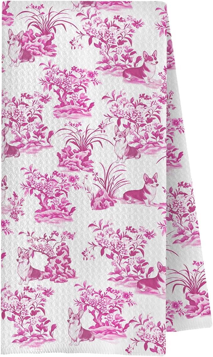Chinoiserie Pink Corgi Kitchen Towels,Corgi Gifts for Corgi Lovers Dish Tea Towels for Kitchen Decor,Pink Corgi Decorative Hand Towels for Bathroom, 16x24 Inches
