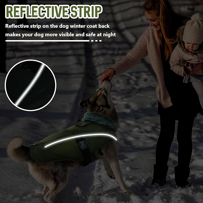 DENTRUN Winter Warm Dog Coat Reflective Jacket with Turtleneck for Cold Weather, Adjustable Buckle Windproof Water Repellent, Thick Snowsuit Fleece Vest for Small, Medium, Large Dogs, Green, L