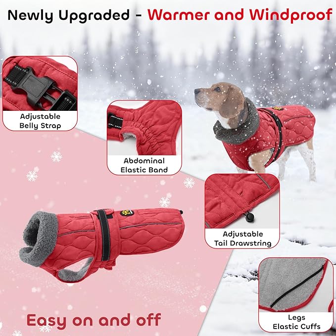 Dog Coat Winter, Waterproof Quilted Dog Jacket for Cold Weather, Reflective Adjustable Puppy Winter Coat, Warm Turtle-Neck Pet Fleece Snow Jacket for XX-Large Dogs, NewRed XXL