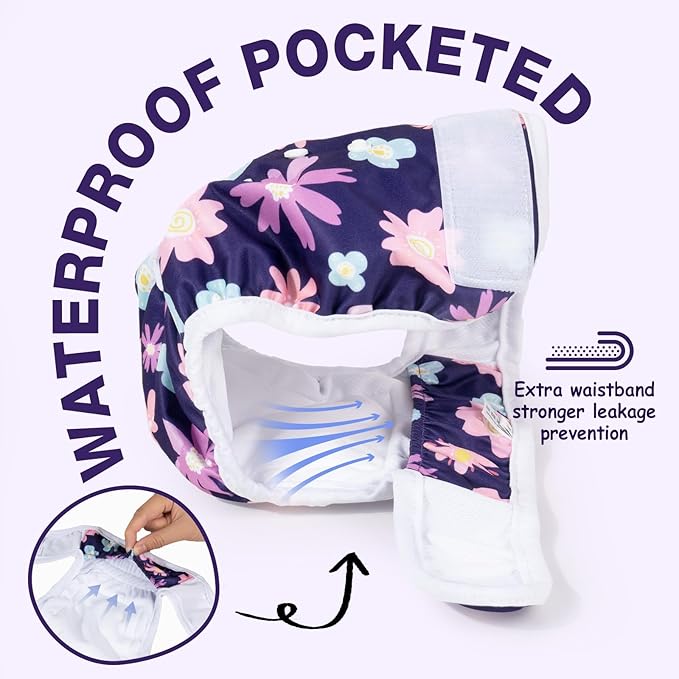 Pet Soft Washable Female Diapers (3 Pack) Female Dog Diapers, Comfort Reusable Doggy Diapers for Girl Dog in Period Heat (Bloom, M)