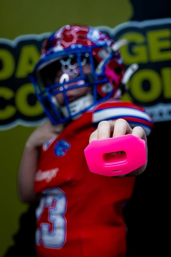 DAMAGE CONTROL Youth Football Mouth Guard – Breathable No Boil Mouthpiece, Protects Lips & Teeth, Works with Braces, Includes Helmet Strap – Sports Gear & Accessories (Hot Pink)