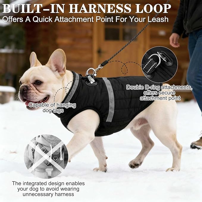 EXPAWLORER Dog Winter Coat Jacket, Thick Warm Waterproof Reflective Puppy Snowsuit with Harness Buit in, Pet Fleece Vest Soft Turtleneck with Zipper Cold Weather for Small Medium Dogs - BlackXL