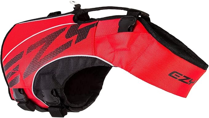 EzyDog DFD X2 Dog Life Jacket - Adjustable Swimming Safety Life Vest Preserver with Continuous Neck Flotation, Reflective Trim, & Grab Handle (XL, Red)