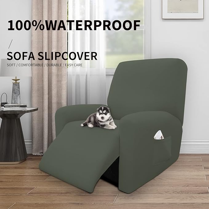 Easy-Going 4 Pieces 100% Dual Waterproof Recliner Cover Stretch Soft Couch Cover for Dogs, Sofa Slipcover for Recliner Couch Leakproof Furniture Protector for Kids, Pets Grayish Green