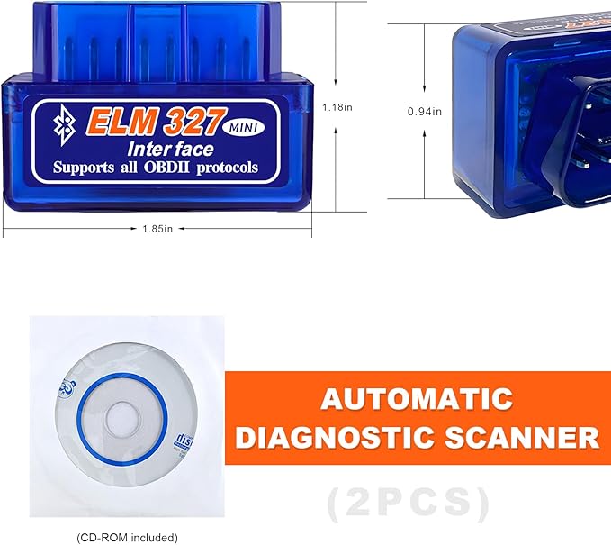 Sun Walker 2 PCS ELM327 OBDII Car Auto Diagnostic Scanner, Professional ELM327 Interface Bluetooth Failure Detector, Mini Wireless Engine Fault Code Reader Compatible with OBD2 Vehicles