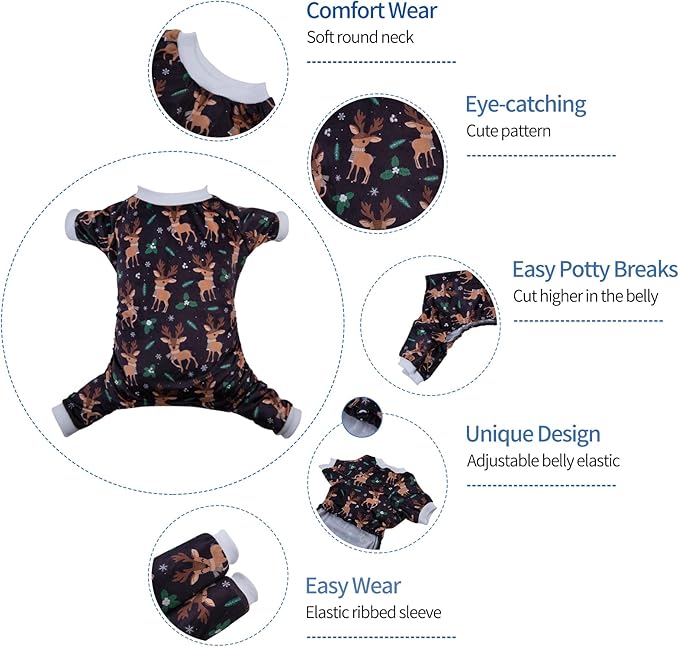 CuteBone Soft & Stretchy Dog Christmas Pajamas - Cozy Pet Jammies Breathable Jumpsuit for Small Dogs - All-Season Comfy Outfit Easy-On Pullover Design - Keeps Pets Warm & Comfortable P256M