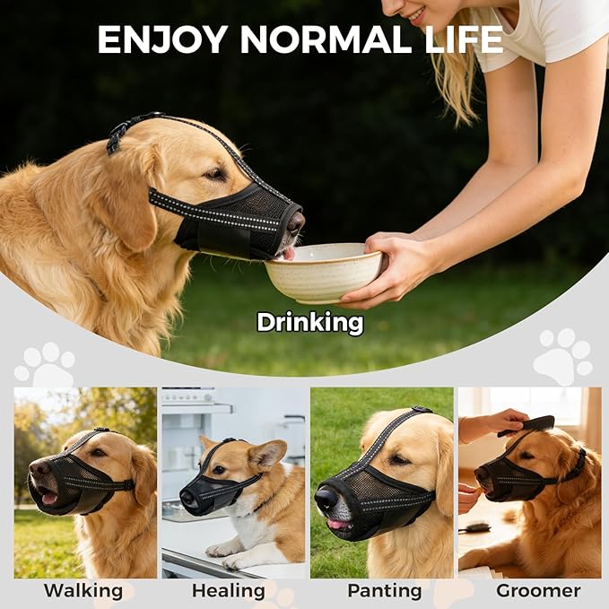 PAWCHIE Dog Muzzle, Soft Muzzle Anti Biting Barking Chewing, Comfortable Air Mesh Mouth Guard Breathable Adjustable Loop Pets Muzzle for Small Medium Large Dogs, Allows Panting Drinking, Black L