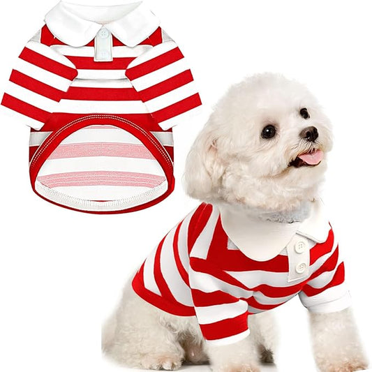 BAEJMJK Cute Dog Shirt Boy Girl Dog Clothes Striped Collared Polo T-Shirt for Small Medium Dogs Cats Soft Breathable Pet Puppy Outfits(Red,Large)