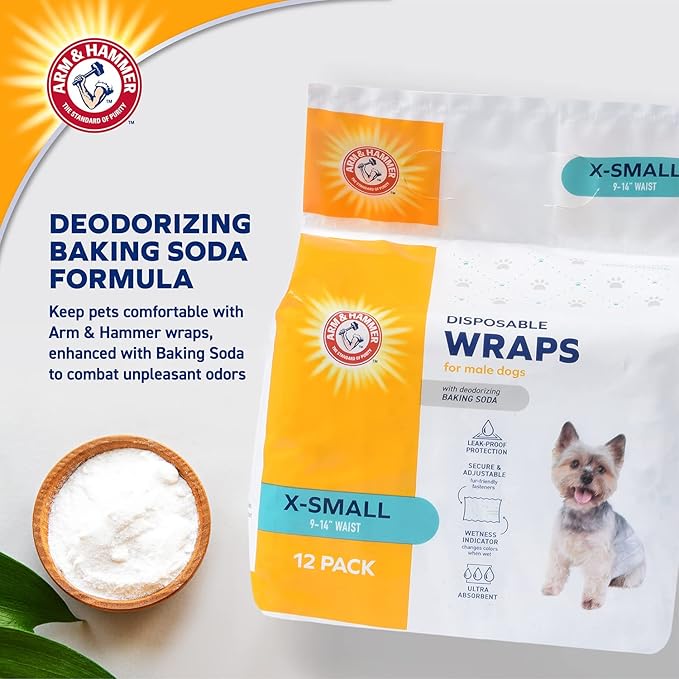 Arm & Hammer X-Small Male Dog Wraps, Disposable Belly Band Diapers with Baking Soda Odor Control, Super Absorbent Leak Resistant Design for Marking and Incontinence, 9-14 Inch Waist, 12 Count - 6 Pack