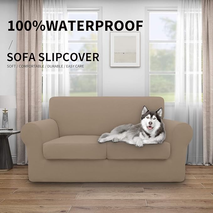 Easy-Going 100% Dual Waterproof 3 Pieces Loveseat Cover Stretch Soft Couch Cover for Dogs, Sofa Slipcover for 2 Separate Cushion Couch Leakproof Furniture Protector for Kids, Pets Camel