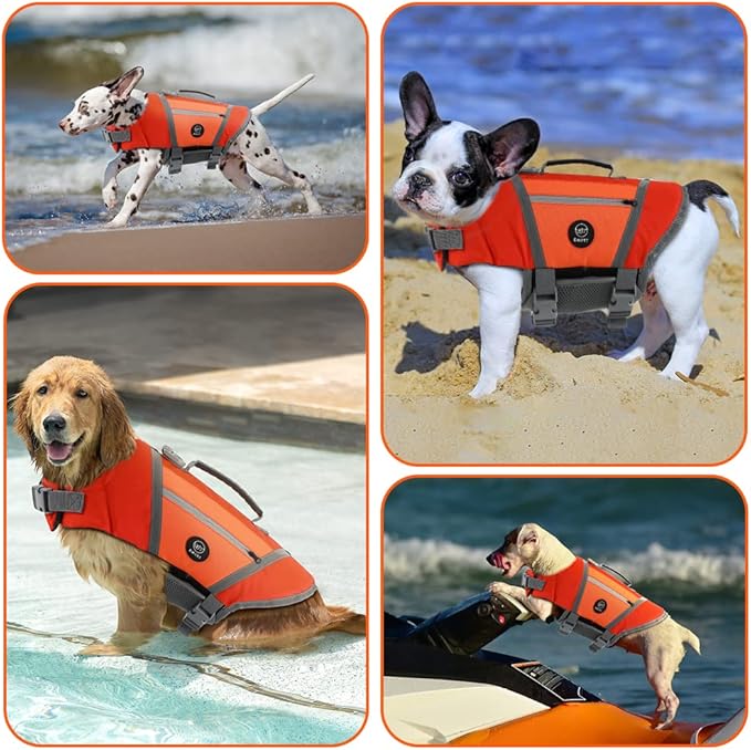 EMUST Dog Life Vest, Lightweight Life Jacket for Dogs with Pockets, Stylish Dog Life Preserver with Rescue Handle & Reflective Stripes for Swimming, Boating, Kayaking, Orange, XS