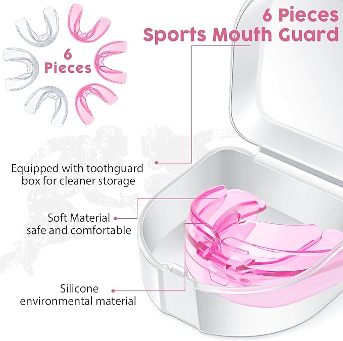 TOODOO 6 Pieces Braces Mouth Guard Kids Sports Mouth Guard for Kids Double Football Youth Mouthguards for Boxing Football Hockey Karate Basketball (Transparent, Pink)