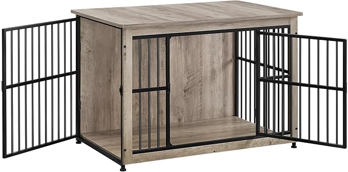 Feandrea 38.6" Dog Crate Furniture, Heavy-Duty Dog Cage Side End Table, XL Pet Wood Kennel for Large and Medium Dogs up to 70 lb with Enclosed Base, Double-Door Pet House, Greige