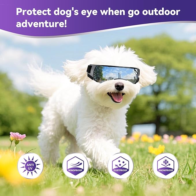 ENJOYING Dog Sunglasses Small Breed, Anti-UV Puppy Goggles for Small Dogs, Windproof Outdoor Dog Eye Protection for Driving Biking, Adjustable Head Straps, Cute Silver